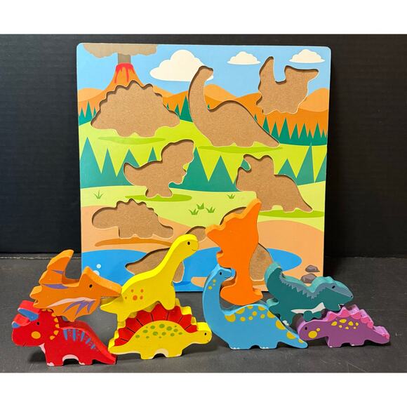 Wooden Arts Raised Chunky Dinosaurs Preschool 8 Pieces Wood TRAY Puzzle Colorful - Picture 1 of 3